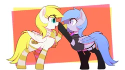 Size: 2880x1620 | Tagged: safe, artist:thebatfang, derpibooru import, oc, oc:lucky roll, oc:sweet cream, unofficial characters only, bat pony, pegasus, pony, bat pony oc, bat wings, boop, clothes, female, females only, garter belt, image, mare, mutual booping, pegasus oc, png, scarf, simple background, socks, surprised, wings