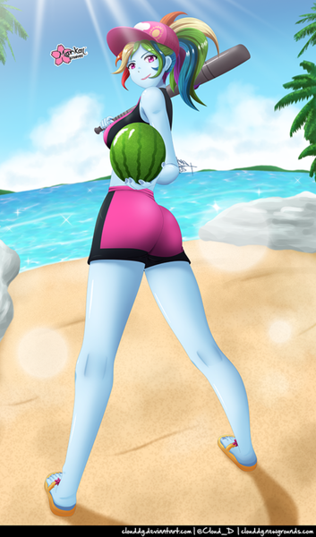 Size: 588x1000 | Tagged: safe, artist:clouddg, derpibooru import, rainbow dash, equestria girls, baseball bat, beach, butt, feet, flip-flops, food, image, palm tree, png, rainbutt dash, sandals, tree, watermelon