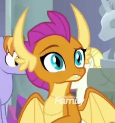 Size: 570x606 | Tagged: safe, derpibooru import, screencap, auburn vision, smolder, summer breeze, dragon, earth pony, pegasus, pony, school daze, cropped, dragoness, female, friendship student, image, png, raised eyebrow, solo focus, spread wings, wings