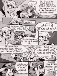 Size: 1050x1400 | Tagged: safe, artist:provolonepone, derpibooru import, applejack, pinkie pie, earth pony, pony, comic:sapphic story, applejack's hat, comic, cowboy hat, dialogue, hat, image, implied flutterpie, implied lesbian, implied rarijack, implied shipping, monochrome, png, speech bubble, tree