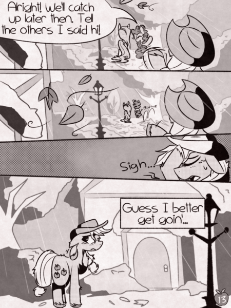 Size: 1050x1400 | Tagged: safe, artist:provolonepone, derpibooru import, applejack, fluttershy, pinkie pie, earth pony, pegasus, pony, comic:sapphic story, applejack's hat, comic, cowboy hat, dialogue, hat, image, leaves, monochrome, png, ponyville, rain, sad, speech bubble, unhapplejack