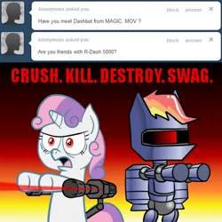 Size: 500x500 | Tagged: grimdark, artist:scramjet747, derpibooru import, rainbow dash, sweetie belle, pegasus, pony, robot, robot pony, unicorn, .mov, magic.mov, angry, anonymous, bipedal, crush kill destroy swag, female, filly, foal, frown, horn, image, jetpack, mare, multicolored hair, png, pony.mov, r-dash 5000, rainbot dash, rainbow hair, sweetie bot, sweetie bot replies, text, tumblr, xk-class end-of-the-world scenario