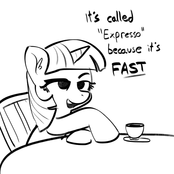 Size: 2250x2250 | Tagged: safe, artist:tjpones, derpibooru import, twilight sparkle, pony, unicorn, black and white, coffee, cup, dialogue, espresso, female, grayscale, image, lidded eyes, mare, misspelling, monochrome, png, simple background, sketch, solo, unicorn twilight, white background