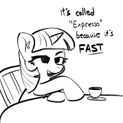 Size: 2250x2250 | Tagged: safe, artist:tjpones, derpibooru import, twilight sparkle, pony, unicorn, black and white, coffee, cup, dialogue, espresso, female, grayscale, image, lidded eyes, mare, misspelling, monochrome, png, simple background, sketch, solo, unicorn twilight, white background