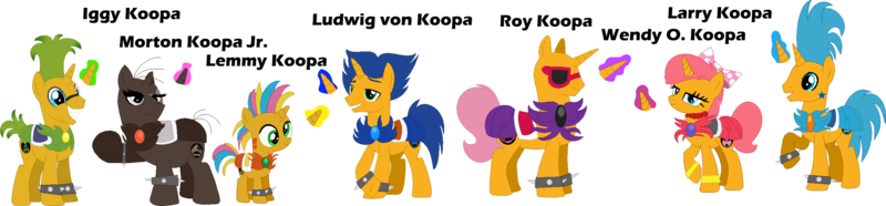 Size: 2517x584 | Tagged: safe, artist:selenaede, artist:victorfazbear, derpibooru import, ponified, pony, unicorn, barely pony related, base used, bow, bracelet, crossover, derp, glasses, iggy koopa, image, jewelry, koopalings, larry koopa, lemmy koopa, morton koopa jr., necklace, pink bow, png, raised hoof, roy koopa, simple background, smiling, super mario bros., transparent background, wendy o. koopa