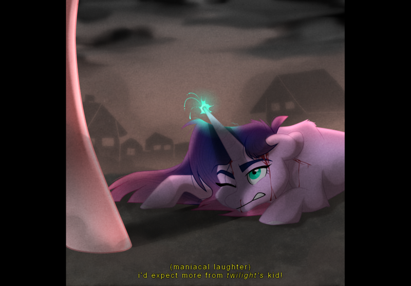 Size: 1550x1080 | Tagged: safe, artist:foxklt, oc, oc:starberry sunrise, pony, unicorn, blood, fake screencap, female, ground, image, injured, looking up, lying down, lying on the ground, magic, magical lesbian spawn, mare, next generation, offscreen character, offspring, one eye closed, parent:tempest shadow, parent:twilight sparkle, parents:tempestlight, png, scene, subtitles