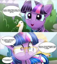 Size: 3120x3510 | Tagged: safe, artist:aryatheeditor, derpibooru import, sci-twi, twilight sparkle, oc, oc:nightfall sparkle, alicorn, bird, duck, unicorn, equestria girls, comic, cute, daughter, digital art, element of magic, female, geode of telekinesis, glasses, headcanon, image, magical geodes, midnight sparkle, mother and child, mother and daughter, png, powerful sparkle, purple hair, reformed villain, smiling, twiabetes