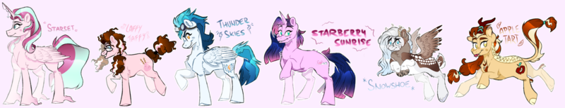 Size: 3320x641 | Tagged: safe, artist:foxklt, oc, oc:apple tart, oc:laffy taffy, oc:snowshoe, oc:starberry sunrise, oc:starset, oc:thunder skies, unofficial characters only, alicorn, draconequus, earth pony, hybrid, kirin, pegasus, pony, unicorn, cloven hooves, deer tail, female, flying, folded wings, glasses, goggles, goggles on head, image, interspecies offspring, leonine tail, line-up, looking at you, magical lesbian spawn, mare, next generation, offspring, parent:applejack, parent:autumn blaze, parent:cheese sandwich, parent:discord, parent:fluttershy, parent:pinkie pie, parent:rainbow dash, parent:soarin', parent:starlight glimmer, parent:sunset shimmer, parent:tempest shadow, parent:twilight sparkle, parents:autumnjack, parents:cheesepie, parents:discoshy, parents:shimmerglimmer, parents:soarindash, parents:tempestlight, pigtails, pink background, png, simple background, smiling, standing, standing on one leg, tongue out, unshorn fetlocks, wings