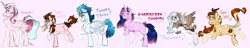 Size: 3320x641 | Tagged: safe, artist:foxklt, oc, oc:apple tart, oc:laffy taffy, oc:snowshoe, oc:starberry sunrise, oc:starset, oc:thunder skies, unofficial characters only, alicorn, draconequus, earth pony, hybrid, kirin, pegasus, pony, unicorn, cloven hooves, deer tail, female, flying, folded wings, glasses, goggles, goggles on head, image, interspecies offspring, leonine tail, line-up, looking at you, magical lesbian spawn, mare, next generation, offspring, parent:applejack, parent:autumn blaze, parent:cheese sandwich, parent:discord, parent:fluttershy, parent:pinkie pie, parent:rainbow dash, parent:soarin', parent:starlight glimmer, parent:sunset shimmer, parent:tempest shadow, parent:twilight sparkle, parents:autumnjack, parents:cheesepie, parents:discoshy, parents:shimmerglimmer, parents:soarindash, parents:tempestlight, pigtails, pink background, png, simple background, smiling, standing, standing on one leg, tongue out, unshorn fetlocks, wings