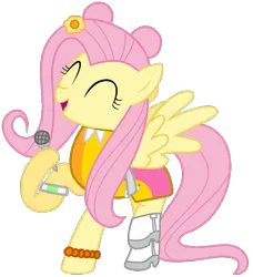 Size: 739x812 | Tagged: safe, artist:pagiepoppie12345, derpibooru import, fluttershy, pegasus, pony, ami onuki, boots, bracelet, clothes, eyes closed, female, flower, hair bun, hi hi puffy ami yumi, holding, image, jewelry, mare, microphone, png, shoes, simple background, smiling, spread wings, transparent background, wings, wristband
