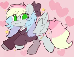 Size: 1406x1089 | Tagged: safe, artist:sakukitty, derpibooru import, oc, oc:blazey sketch, unofficial characters only, pegasus, birthday gift, blushing, bow, clothes, green eyes, grey fur, hair bow, heart, heart background, image, multicolored hair, pegasus oc, png, simple background, small wings, solo, spread wings, sweater, wings