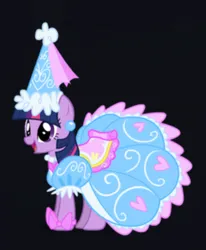 Size: 1375x1667 | Tagged: safe, artist:mixermike622, derpibooru import, twilight sparkle, pony, unicorn, beautiful, big smile, black background, bow, clothes, cute, dress, ear piercing, froufrou glittery lacy outfit, happy, hat, hennin, image, jewelry, jpeg, necklace, open mouth, piercing, pretty, princess, simple background, twiabetes, twilight wants to be a princess