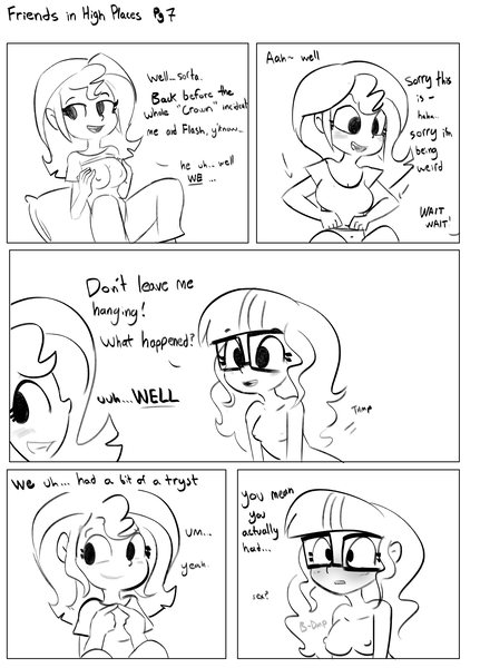 Size: 2250x3130 | Tagged: questionable, artist:tjpones, derpibooru import, sci-twi, sunset shimmer, twilight sparkle, human, comic:friends in high places, equestria girls, belly button, big breasts, black and white, blushing, breasts, busty sunset shimmer, busty twilight sparkle, clothes, comic, covering, covering breasts, dialogue, duo, duo female, embarrassed, exposed breasts, female, grayscale, heartbeat, high res, image, implied flashimmer, implied shipping, implied straight, lesbian, loose hair, monochrome, nipples, nudity, partial nudity, png, scitwishimmer, shipping, simple background, sunsetsparkle, topless, white background