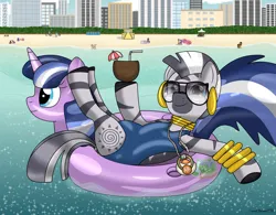 Size: 9030x7030 | Tagged: safe, artist:lynnthenerdkitty, derpibooru import, zecora, alicorn, earth pony, pegasus, pony, unicorn, zebra, beach, city, clothes, drink, ear piercing, female, glasses, image, inflatable toy, mare, neck rings, ocean, one-piece swimsuit, pacifier, piercing, png, pool toy, swimsuit, water