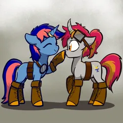 Size: 2103x2103 | Tagged: safe, artist:pfeffaroo, derpibooru import, oc, unofficial characters only, pony, unicorn, aviator goggles, belt, boop, boots, clothes, glasses, goggles, horn, horn ring, image, jewelry, jpeg, nose wrinkle, ring, shoes