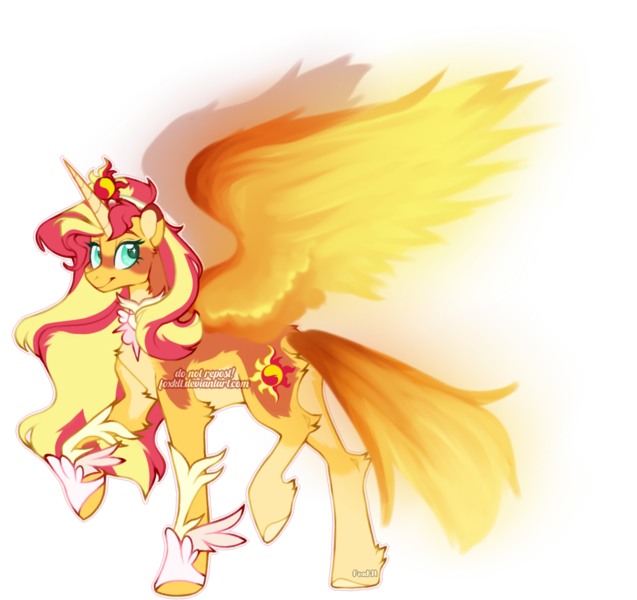 Size: 1146x1080 | Tagged: safe, artist:foxklt, sunset shimmer, alicorn, pony, alicornified, alternate design, artificial wings, augmented, coat markings, crown, female, image, jewelry, looking at you, magic, magic wings, mare, obtrusive watermark, png, race swap, regalia, shimmercorn, simple background, solo, transparent background, twitterina design, watermark, wings