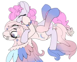 Size: 2757x2221 | Tagged: safe, artist:gnashie, derpibooru import, oc, oc:crystal star, oc:glitter sketch, unofficial characters only, earth pony, pegasus, blushing, bracelet, clothes, colored wings, ear piercing, earring, earth pony oc, eyes closed, gradient eyes, gradient mane, happy, image, jewelry, looking away, lying down, on back, open mouth, pegasus oc, piercing, png, redraw, simple background, socks, tackle hug, transparent background, wings