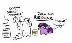 Size: 1174x706 | Tagged: safe, artist:jargon scott, artist:tjpones, derpibooru import, twilight sparkle, pony, unicorn, female, filly, filly twilight sparkle, food, image, jar, jpeg, mayonnaise, miracle whip, sauce, simple background, sketch, solo, squatpony, stylistic suck, twiggie, unicorn twilight, white background, younger