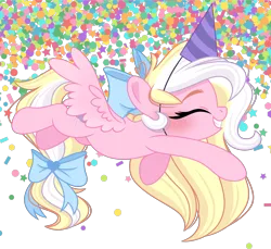 Size: 2732x2499 | Tagged: safe, artist:emberslament, derpibooru import, oc, oc:bay breeze, unofficial characters only, pegasus, pony, blushing, bow, confetti, cute, eyes closed, female, hair bow, hat, image, long mane, mare, party hat, pegasus oc, png, simple background, smiling, solo, tail, tail bow, transparent background, wings