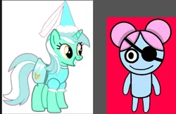 Size: 1406x919 | Tagged: safe, derpibooru import, lyra heartstrings, pony, unicorn, clothes, crossover, dress, eyepatch, good end, hair bun, happy, hat, hennin, image, jpeg, looking at each other, looking at someone, pibby, princess, princess lyra heartstrings, smiling, smiling at each other