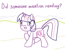Size: 1300x1000 | Tagged: safe, derpibooru import, twilight sparkle, pony, unicorn, book, bookhorse, female, grass, grass field, image, mare, mountain, mountain range, ms paint, path, png, question, smiling, solo, text, that pony sure does love books, unicorn twilight, walking