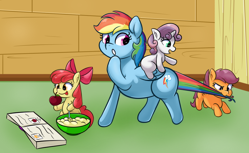 Size: 1247x767 | Tagged: safe, artist:scootieloo, derpibooru import, apple bloom, rainbow dash, scootaloo, sweetie belle, earth pony, pegasus, pony, unicorn, apple, babysitting, blank flank, book, bowl, cutie mark crusaders, female, filly, foal, food, image, mare, png, ponies riding ponies, pulling, riding, tail, tail pull, tongue out