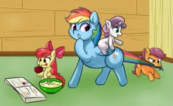 Size: 1247x767 | Tagged: safe, artist:scootieloo, derpibooru import, apple bloom, rainbow dash, scootaloo, sweetie belle, earth pony, pegasus, pony, unicorn, apple, babysitting, blank flank, book, bowl, cutie mark crusaders, female, filly, foal, food, image, mare, png, ponies riding ponies, pulling, riding, tail, tail pull, tongue out