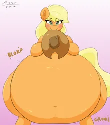 Size: 3000x3400 | Tagged: suggestive, artist:astrum, derpibooru import, applejack, earth pony, pony, amplejack, applefat, applejack's hat, bedroom eyes, belly, belly button, big belly, blushing, cowboy hat, digital art, fat, female, freckles, front view, hat, hoof on belly, huge belly, image, impossibly large belly, lidded eyes, looking at you, mouth hold, obese, onomatopoeia, png, round belly, smiling, solo, solo female, sound effects, stetson, stomach noise, wingding eyes