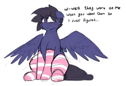 Size: 964x656 | Tagged: safe, artist:anonymous, derpibooru import, oc, oc:fenris ebonyglow, unofficial characters only, pegasus, pony, blushing, clothes, image, png, simple background, sketch, socks, solo, spread wings, white background, wings