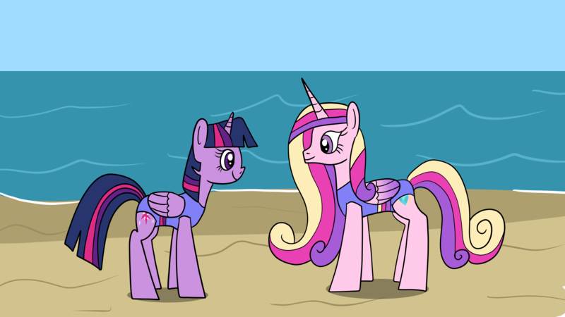 Size: 1920x1080 | Tagged: safe, artist:platinumdrop, derpibooru import, princess cadance, twilight sparkle, twilight sparkle (alicorn), alicorn, beach, clothes, image, missing accessory, png, request, swimsuit