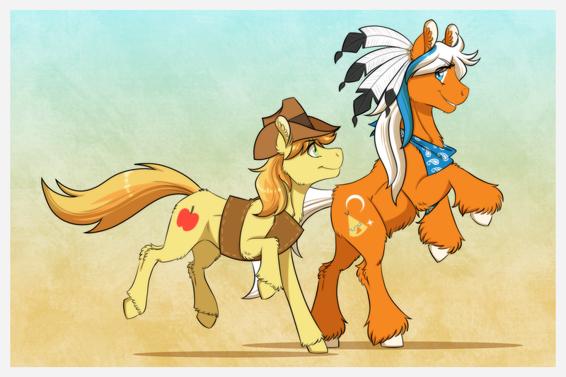 Size: 1772x1181 | Tagged: safe, artist:inuhoshi-to-darkpen, derpibooru import, braeburn, wigwam, earth pony, pony, brother, commission, cowboy hat, duo, duo male, ear fluff, eye clipping through hair, eyebrows, eyebrows visible through hair, grin, hat, image, leg fluff, male, png, smiling