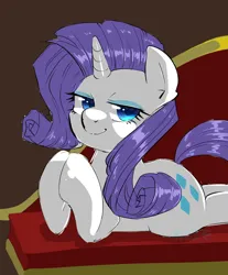 Size: 993x1200 | Tagged: safe, artist:yukkuri_yu_yu, derpibooru import, rarity, pony, unicorn, couch, fainting couch, female, hooves together, horn, image, jpeg, looking at you, lying down, mare, prone, simple background, solo