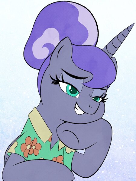 Size: 2100x2800 | Tagged: safe, artist:zokkili, derpibooru import, princess luna, alicorn, pony, between dark and dawn, abstract background, alternate hairstyle, blue background, bust, clothes, female, hair bun, hawaiian shirt, horn, image, jpeg, lidded eyes, mare, shirt, simple background, smiling, smug, solo, underhoof, white background