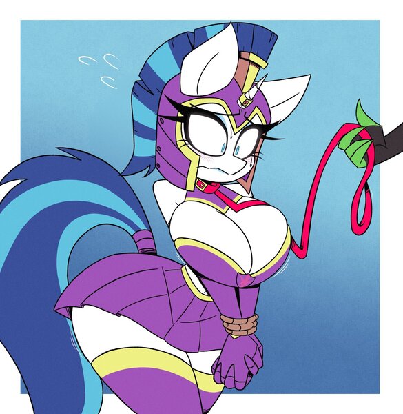 Size: 1852x1900 | Tagged: suggestive, artist:nelljoestar, derpibooru import, shining armor, anthro, unicorn, abstract background, bare shoulders, big breasts, blushing, breasts, busty gleaming shield, cleavage, clothes, collar, female, gleaming shield, gleamingsub, helmet, horn, horn ring, image, jewelry, jpeg, leash, offscreen character, ring, rope, rule 63, shiningsub, simple background, skirt, solo focus, sweat, tied hands, white background