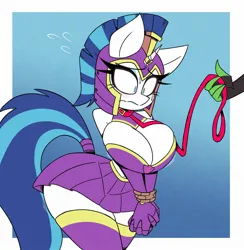 Size: 1852x1900 | Tagged: suggestive, artist:nelljoestar, derpibooru import, shining armor, anthro, unicorn, abstract background, bare shoulders, big breasts, blushing, breasts, busty gleaming shield, cleavage, clothes, collar, female, gleaming shield, gleamingsub, helmet, horn, horn ring, image, jewelry, jpeg, leash, offscreen character, ring, rope, rule 63, shiningsub, simple background, skirt, solo focus, sweat, tied hands, white background