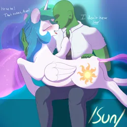 Size: 3000x3000 | Tagged: safe, artist:enonnnymous, derpibooru import, princess celestia, oc, oc:anon, alicorn, human, pony, /sun/, belly, blushing, butt, butt touch, clothes, dialogue, dock, female, hand on butt, heart, holding a pony, image, kissing, love, mare, nose kiss, nose wrinkle, png, sunbutt, tail