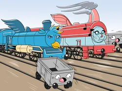 Size: 3600x2700 | Tagged: safe, artist:heart-of-a-dragoness, derpibooru import, gallus, ocellus, commission, image, inanimate tf, png, steam, steam engine, story included, train, transformation, truck, vehicle, waking up