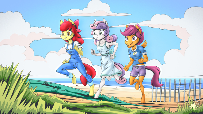 Size: 1920x1080 | Tagged: safe, artist:mysticalpha, derpibooru import, apple bloom, scootaloo, sweetie belle, anthro, earth pony, pegasus, unguligrade anthro, unicorn, beach, cutie mark crusaders, female, image, jpeg, running, trio, trio female