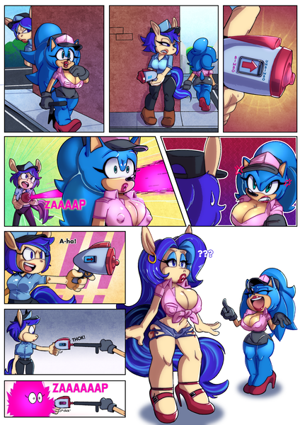 Size: 2480x3508 | Tagged: questionable, artist:sonicphase, derpibooru import, oc, oc:moniker, oc:monique, anthro, backfire, bimbo, bimboification, gun, image, png, police officer, raygun, sonic the hedgehog, sonic the hedgehog (series), weapon