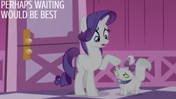 Size: 1920x1080 | Tagged: safe, derpibooru import, edit, edited screencap, editor:quoterific, screencap, opalescence, rarity, cat, pony, unicorn, for whom the sweetie belle toils, season 4, carousel boutique, duo, female, image, mare, open mouth, png, text