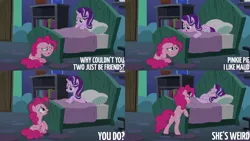 Size: 4400x2475 | Tagged: safe, derpibooru import, edit, edited screencap, editor:quoterific, screencap, pinkie pie, starlight glimmer, earth pony, pony, unicorn, rock solid friendship, season 7, bed, blanket, duo, duo female, eyes closed, female, floppy ears, image, mare, open mouth, open smile, pillow, png, smiling, text