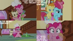 Size: 4400x2475 | Tagged: safe, derpibooru import, edit, edited screencap, editor:quoterific, screencap, cup cake, gummy, pinkie pie, pound cake, pumpkin cake, alligator, earth pony, pegasus, pony, unicorn, season 5, the one where pinkie pie knows, ^^, baby, baby pony, cake twins, colt, cute, diapinkes, eyes closed, female, filly, flying, foal, image, lip bite, male, mare, open mouth, open smile, png, siblings, smiling, spread wings, sugarcube corner, text, twins, wings