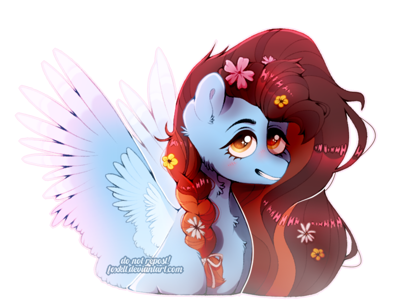 Size: 864x661 | Tagged: safe, artist:foxklt, oc, pegasus, pony, braid, bust, commission, female, flower, flower in hair, image, looking at you, mare, png, simple background, smiling, solo, spread wings, transparent background, wings