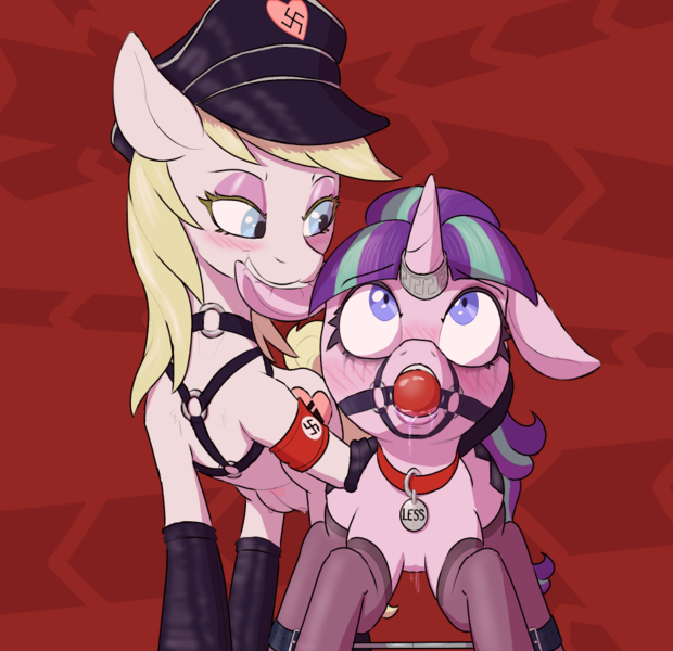 Size: 1000x967 | Tagged: explicit, artist:anonymous, starlight glimmer, oc, oc:aryanne, earth pony, pony, unicorn, ballgag, bdsm, biting, blushing, canon x oc, clothes, collar, crotchboobs, ear bite, female, floppy ears, gag, horn, horn ring, image, mare, nazi, nudity, pet tag, png, red background, ring, simple background, socks, spreader bar, swastika