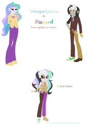 Size: 904x1314 | Tagged: safe, artist:prettycelestia, discord, princess celestia, oc, oc:eris solaire, equestria girls, fusion, image, png, principal celestia, split cloting, vampire teeth