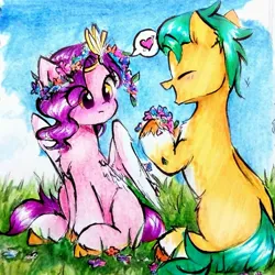 Size: 2125x2125 | Tagged: safe, artist:liaaqila, derpibooru import, hitch trailblazer, pipp petals, earth pony, pegasus, pony, blushing, chest fluff, commission, eye clipping through hair, eyes closed, female, flower, flower in hair, g5, grass, hitchpipp, image, jpeg, male, mare, shipping, sitting, stallion, straight, traditional art