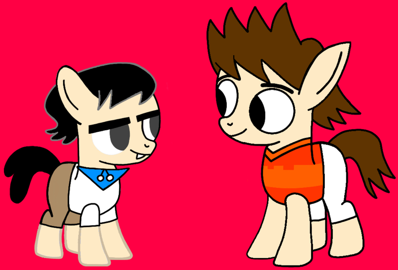 Size: 1482x1006 | Tagged: safe, artist:darlycatmake, derpibooru import, ponified, earth pony, pony, brothers, bucktooth, clothes, duo, duo male, female, filly, foal, half-siblings, happy, image, jpeg, kids, looking at each other, looking at someone, male, pants, red background, siblings, simple background, smiling, smiling at each other, species swap, victor and valentino