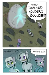 Size: 2008x3071 | Tagged: safe, artist:ahobobo, derpibooru import, limestone pie, marble pie, maud pie, earth pony, pony, series:holders boulder (ahobobo), comic, female, holder's boulder, image, mare, mouth hold, pickaxe, png, question mark, rock, trio