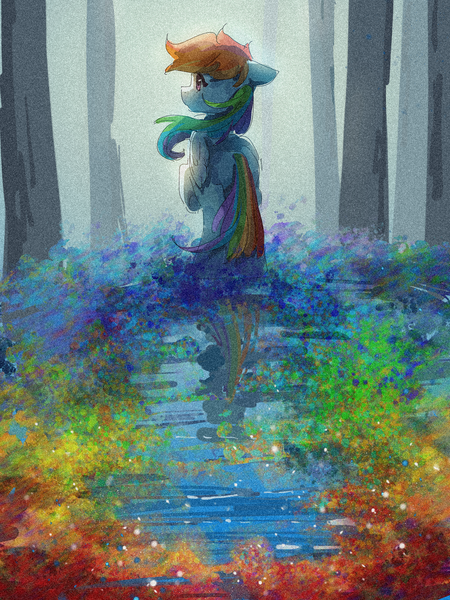 Size: 1620x2160 | Tagged: safe, artist:left_pigeon, artist:lendftcn, derpibooru import, rainbow dash, pegasus, pony, butt, female, film grain, floppy ears, forest, image, mare, plot, png, rainbow, raised hoof, reflection, solo, tree