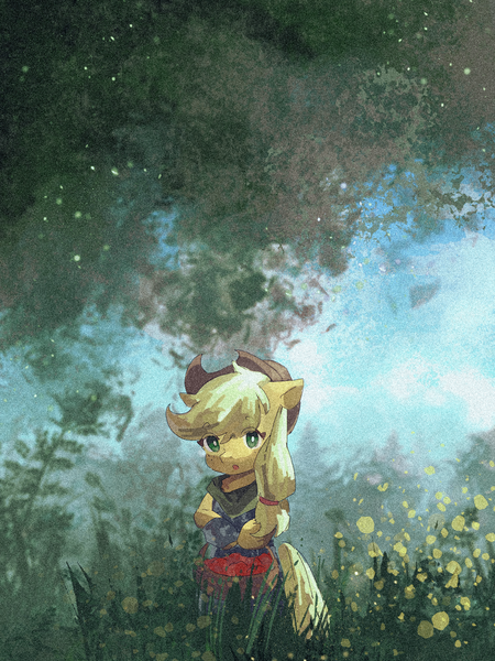 Size: 1620x2160 | Tagged: safe, artist:left_pigeon, derpibooru import, applejack, earth pony, pony, semi-anthro, :o, apple, applejack's hat, basket, clothes, cowboy hat, eye clipping through hair, female, film grain, food, grass, hat, hoof hold, image, looking at you, mare, open mouth, png, solo, tree